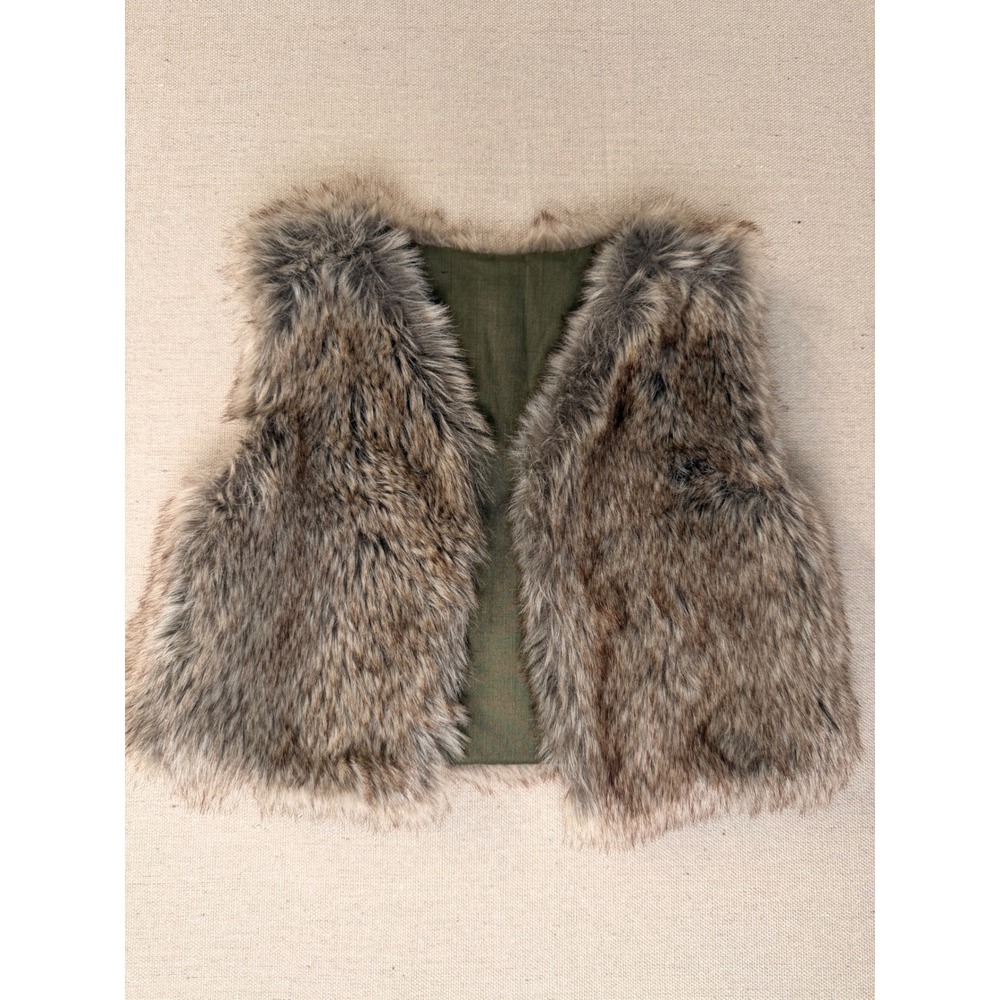 Kids Brown Faux Fur Vest Olive Green Lining Size 3T Sleeveless Layering Piece